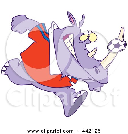 Royalty-Free (RF) Clip Art Illustration of a Cartoon Rhino With A Soccer Ball On His Horn by toonaday