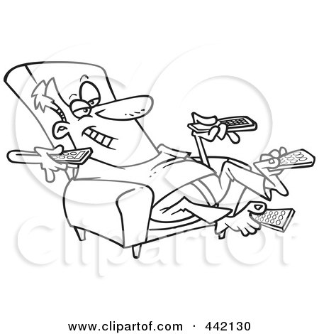 Royalty-Free (RF) Clip Art Illustration of a Cartoon Black And White Outline Design Of A Man Sitting In A Recliner And Holding Many Remote Controls by toonaday