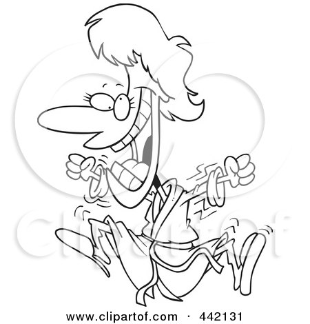 Royalty-Free (RF) Clip Art Illustration of a Cartoon Black And White Outline Design Of An Excited Woman Jumping In A Robe by toonaday