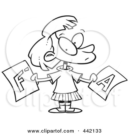 Royalty-Free (RF) Clip Art Illustration of a Cartoon Black And White Outline Design Of A School Girl Holding Good And Bad Report Cards by toonaday