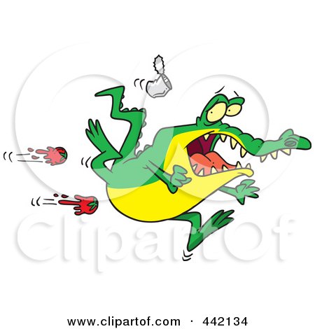 Royalty-Free (RF) Clip Art Illustration of Cartoon Tomatoes Flying At A Rejected Alligator by toonaday