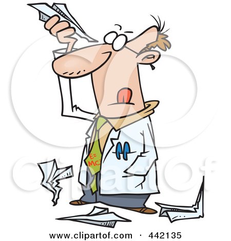 Royalty-Free (RF) Clip Art Illustration of a Cartoon Scientist Researching Paper Airplanes by toonaday