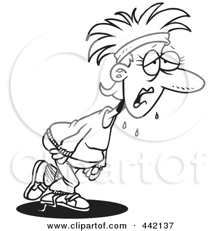 Royalty-Free (RF) Clip Art Illustration of a Cartoon Black And White Outline Design Of A Sweaty Woman Exercising For Her New Year Resolution by toonaday
