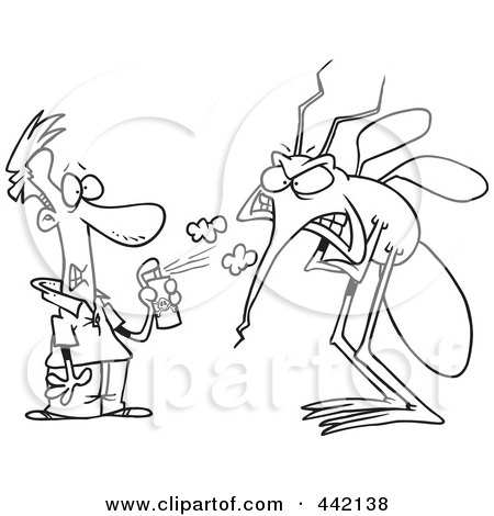 Royalty-Free (RF) Clip Art Illustration of a Cartoon Black And White Outline Design Of A Man Spraying A Big Bug With Repellent by toonaday