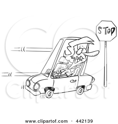 Royalty-Free (RF) Clip Art Illustration of a Cartoon Black And White Outline Design Of A Woman Running A Stop Sign by toonaday