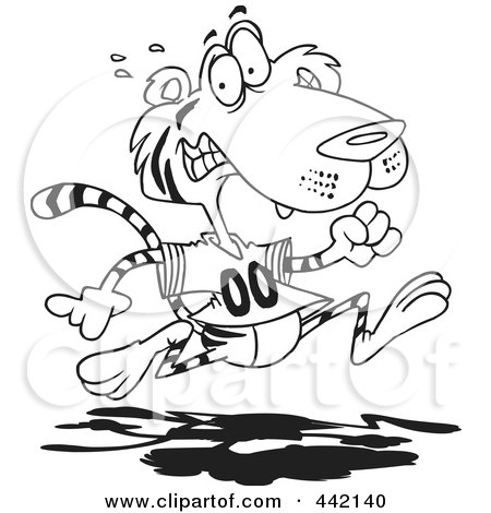 Royalty-Free (RF) Clip Art Illustration of a Cartoon Black And White Outline Design Of A Retreating Tiger by toonaday