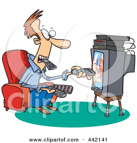 Royalty-Free (RF) Clip Art Illustration of a Cartoon Man Holding Many Remotes And Watching Tv by toonaday