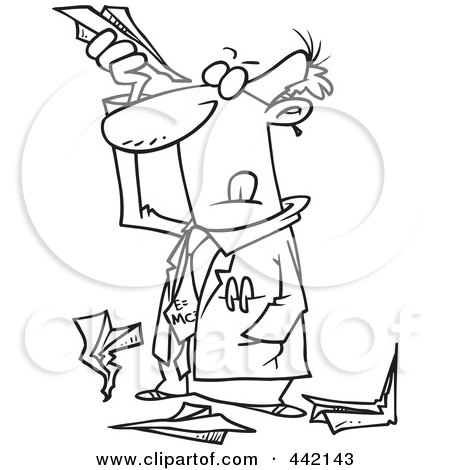 Royalty-Free (RF) Clip Art Illustration of a Cartoon Black And White Outline Design Of A Scientist Researching Paper Airplanes by toonaday