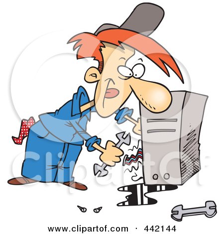 Royalty-Free (RF) Clip Art Illustration of a Cartoon Computer Repair Man Working On Wires by toonaday