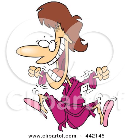 Royalty-Free (RF) Clip Art Illustration of a Cartoon Excited Woman Jumping In A Robe by toonaday
