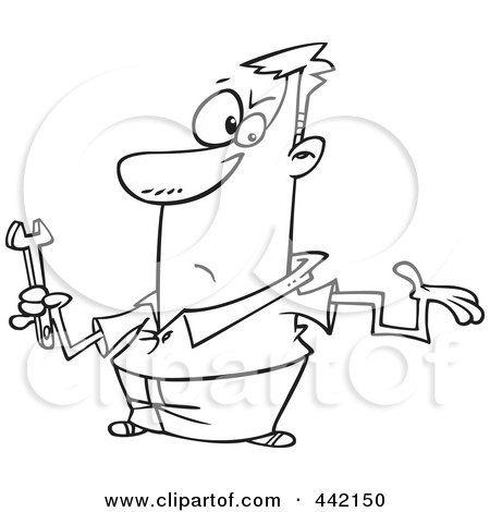 Royalty-Free (RF) Clip Art Illustration of a Cartoon Black And White Outline Design Of A Clueless Repair Man With A Crooked Arm by toonaday
