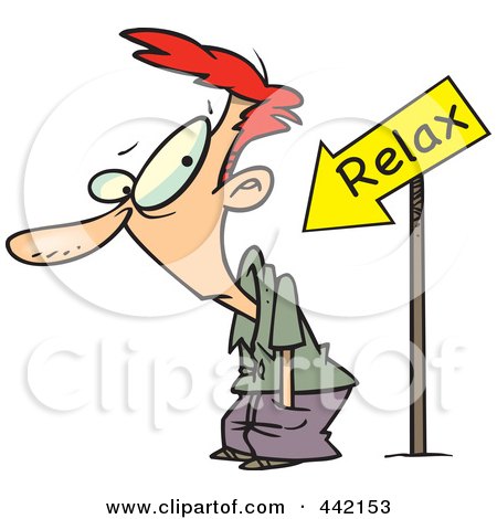 Royalty-Free (RF) Clip Art Illustration of a Cartoon Relax Arrow Pointing At A Man by toonaday