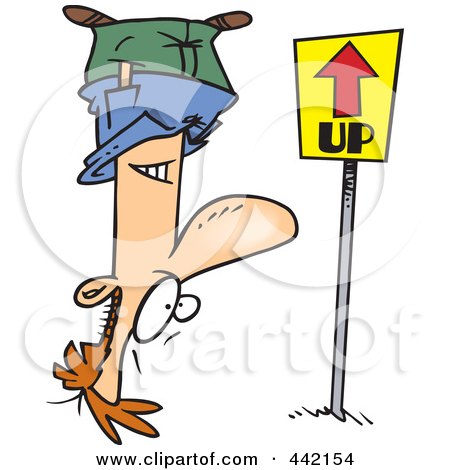 Royalty-Free (RF) Clip Art Illustration of a Cartoon Reversed Man Upside Down, Facing An Up Sign by toonaday