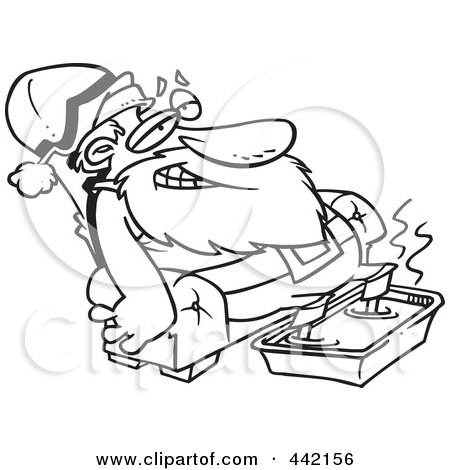 Royalty-Free (RF) Clip Art Illustration of a Cartoon Black And White Outline Design Of Santa Relaxing With A Foot Bath by toonaday