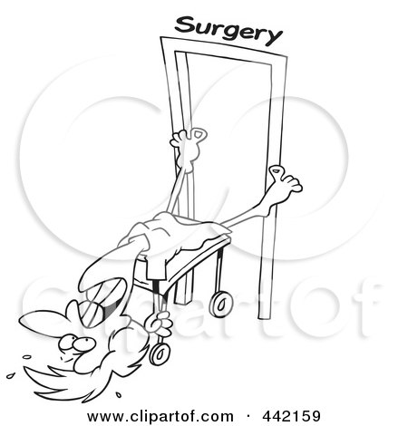 Royalty-Free (RF) Clip Art Illustration of a Cartoon Black And White Outline Design Of A Reluctant Woman Going Into Surgery by toonaday