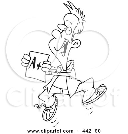 Royalty-Free (RF) Clip Art Illustration of a Cartoon Black And White Outline Design Of A Happy Boy Holding A Good Report Card by toonaday