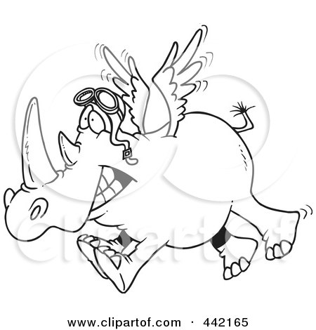 Royalty-Free (RF) Clip Art Illustration of a Cartoon Black And White Outline Design Of A Flying Rhino by toonaday