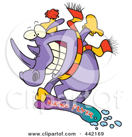 Royalty-Free (RF) Clip Art Illustration of a Cartoon Snowboarding Rhino by toonaday