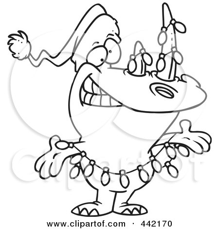 Royalty-Free (RF) Clip Art Illustration of a Cartoon Black And White Outline Design Of A Santa Rhino by toonaday