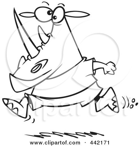 Royalty-Free (RF) Clip Art Illustration of a Cartoon Black And White Outline Design Of A Jogging Rhino by toonaday