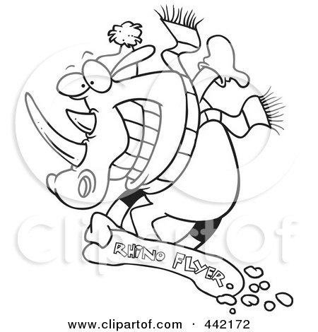 Royalty-Free (RF) Clip Art Illustration of a Cartoon Black And White Outline Design Of A Snowboarding Rhino by toonaday