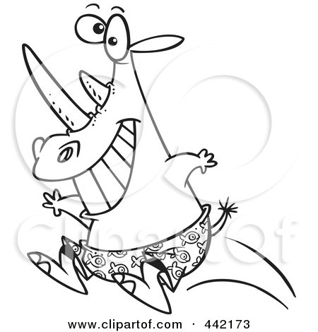 Royalty-Free (RF) Clip Art Illustration of a Cartoon Black And White Outline Design Of A Rhino Jumping Into A Pool by toonaday