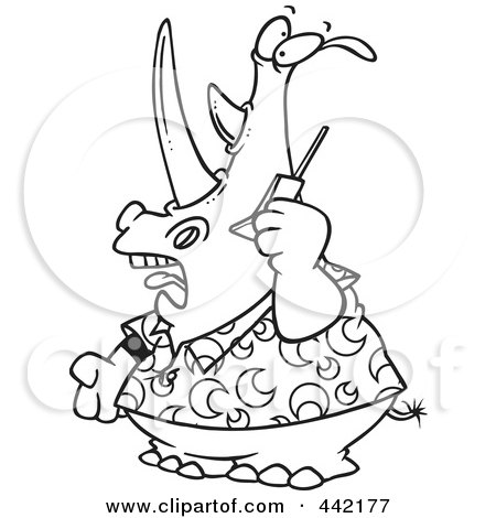 Royalty-Free (RF) Clip Art Illustration of a Cartoon Black And White Outline Design Of A Rhino Using A Cell Phone by toonaday