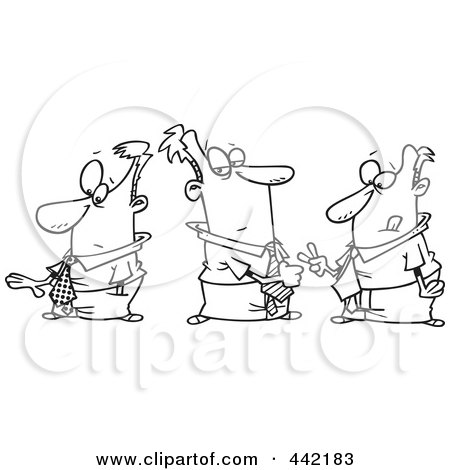 Royalty-Free (RF) Clip Art Illustration of a Cartoon Black And White Outline Design Of Men Playing Rocket Paper Scissors by toonaday