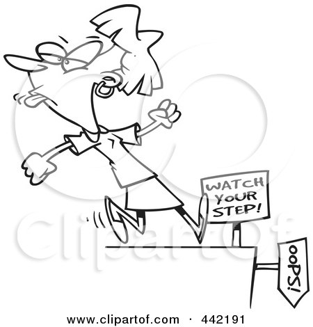 Royalty-Free (RF) Clip Art Illustration of a Cartoon Black And White Outline Design Of A Woman Sticking Her Tongue Out And Approaching A Cliff by toonaday