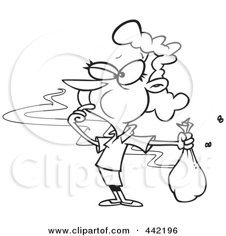 Royalty-Free (RF) Clip Art Illustration of a Cartoon Black And White Outline Design Of A Woman Catching A Whiff Of Ripe Garbage by toonaday