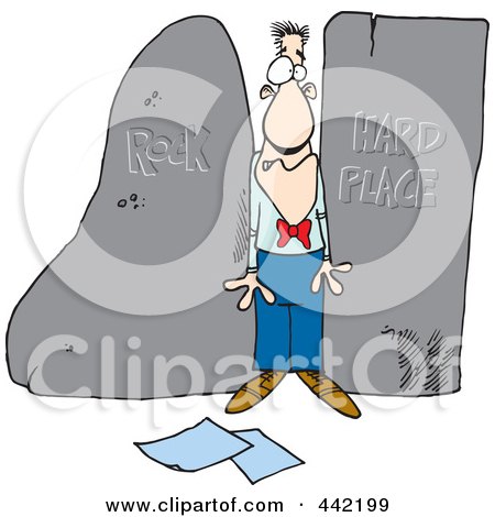 Royalty-Free (RF) Clip Art Illustration of a Cartoon Man Stuck Between A Rock And A Hard Place by toonaday