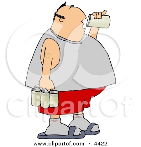 Obese Man Drinking a Can of Beer from a Six Pack Clipart by djart