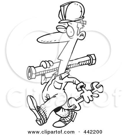 Royalty-Free (RF) Clip Art Illustration of a Cartoon Black And White Outline Design Of A Pipe Rigger by toonaday