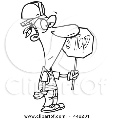 Royalty-Free (RF) Clip Art Illustration of a Cartoon Black And White Outline Design Of A Construction Guy Holding A Stop Sign by toonaday
