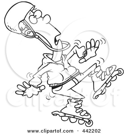 Royalty-Free (RF) Clip Art Illustration of a Cartoon Black And White Outline Design Of A Man Roller Blading by toonaday