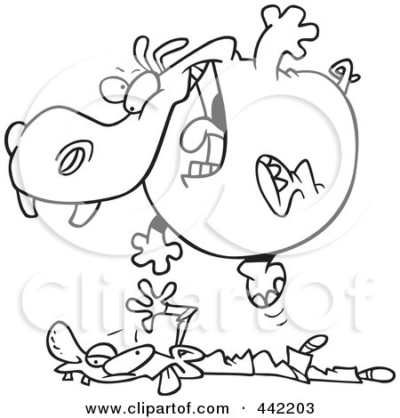 Royalty-Free (RF) Clip Art Illustration of a Cartoon Black And White Outline Design Of A Hippo Pouncing On A Man by toonaday