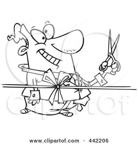 Royalty-Free (RF) Clip Art Illustration of a Cartoon Black And White Outline Design Of A Businessman Cutting A Ribbon by toonaday