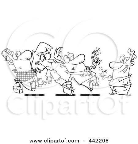 Royalty-Free (RF) Clip Art Illustration of a Cartoon Black And White Outline Design Of A Group Of People Running Into Each Other by toonaday