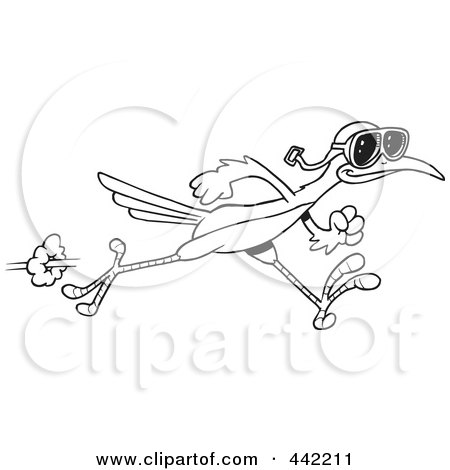 Royalty-Free (RF) Clip Art Illustration of a Cartoon Black And White Outline Design Of A Roadrunner Wearing Goggles by toonaday