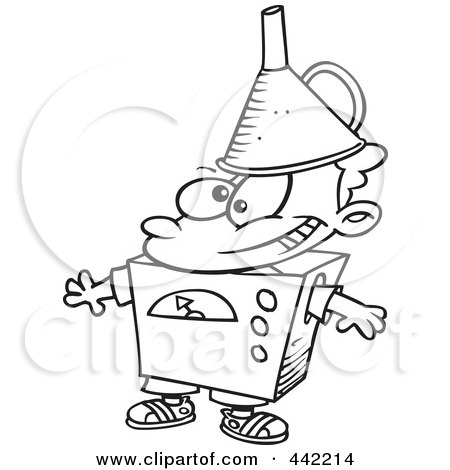 Royalty-Free (RF) Clip Art Illustration of a Cartoon Black And White Outline Design Of A Kid Dressed As A Robot by toonaday