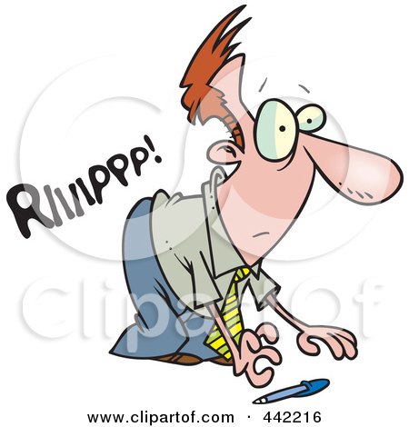 Royalty-Free (RF) Clip Art Illustration of a Cartoon Businessman Ripping His Pants To Pick Up A Pen by toonaday