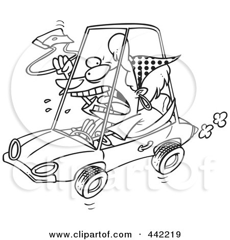 Royalty-Free (RF) Clip Art Illustration of a Cartoon Black And White Outline Design Of A Female Driver With Road Rage by toonaday