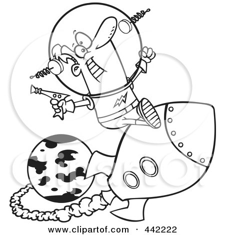 Royalty-Free (RF) Clip Art Illustration of a Cartoon Black And White Outline Design Of A Space Man Riding A Rocket by toonaday
