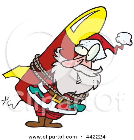 Royalty-Free (RF) Clip Art Illustration of a Cartoon Santa Strapped To A Rocket by toonaday