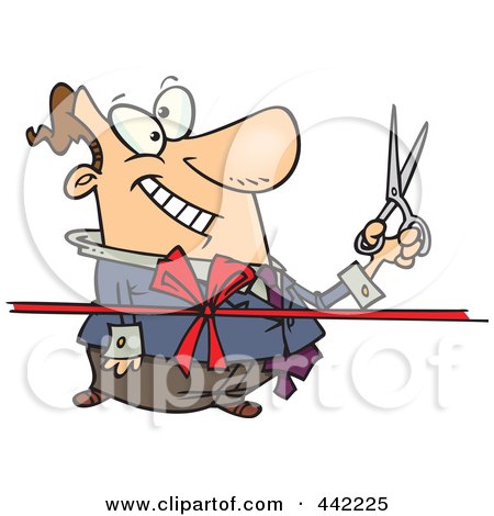 Royalty-Free (RF) Clip Art Illustration of a Cartoon Businessman Cutting A Ribbon by toonaday