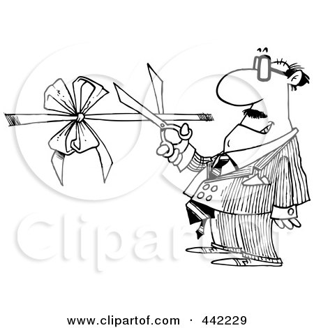 Royalty-Free (RF) Clip Art Illustration of a Cartoon Black And White Outline Design Of A Businessman Performing A Ribbon Cutting Ceremony by toonaday