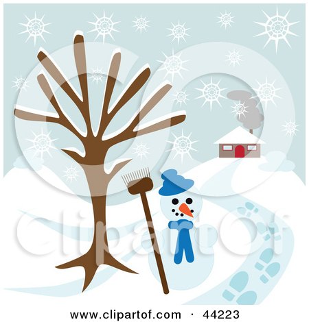 Clipart Illustration of a Snowman Under A Bare Tree Near A Home On A Snowy Winter Day by kaycee