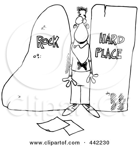 Royalty-Free (RF) Clip Art Illustration of a Cartoon Black And White Outline Design Of A Man Stuck Between A Rock And A Hard Place by toonaday