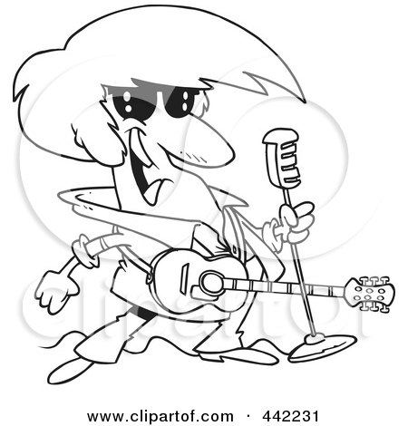 Royalty-Free (RF) Clip Art Illustration of a Cartoon Black And White Outline Design Of A Rocker With A Microphone And Guitar by toonaday