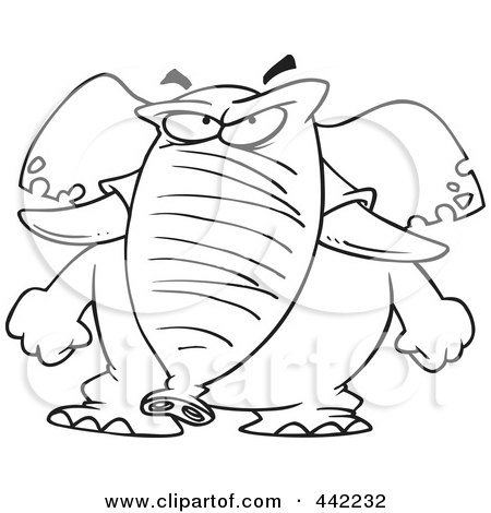 Royalty-Free (RF) Clip Art Illustration of a Cartoon Black And White Outline Design Of A Mad Elephant by toonaday